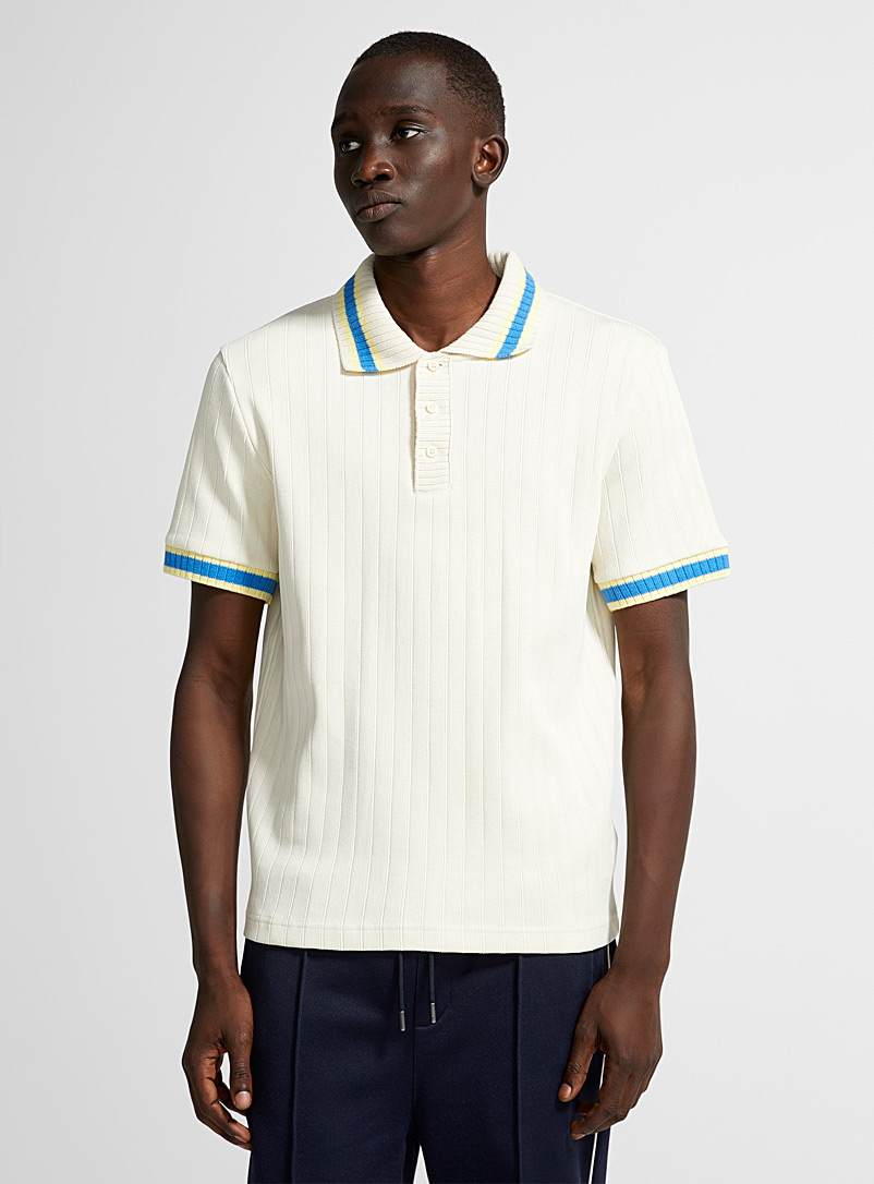 GANT: Le polo tricot côtelé rayures contraste Ivoire blanc os pour homme
