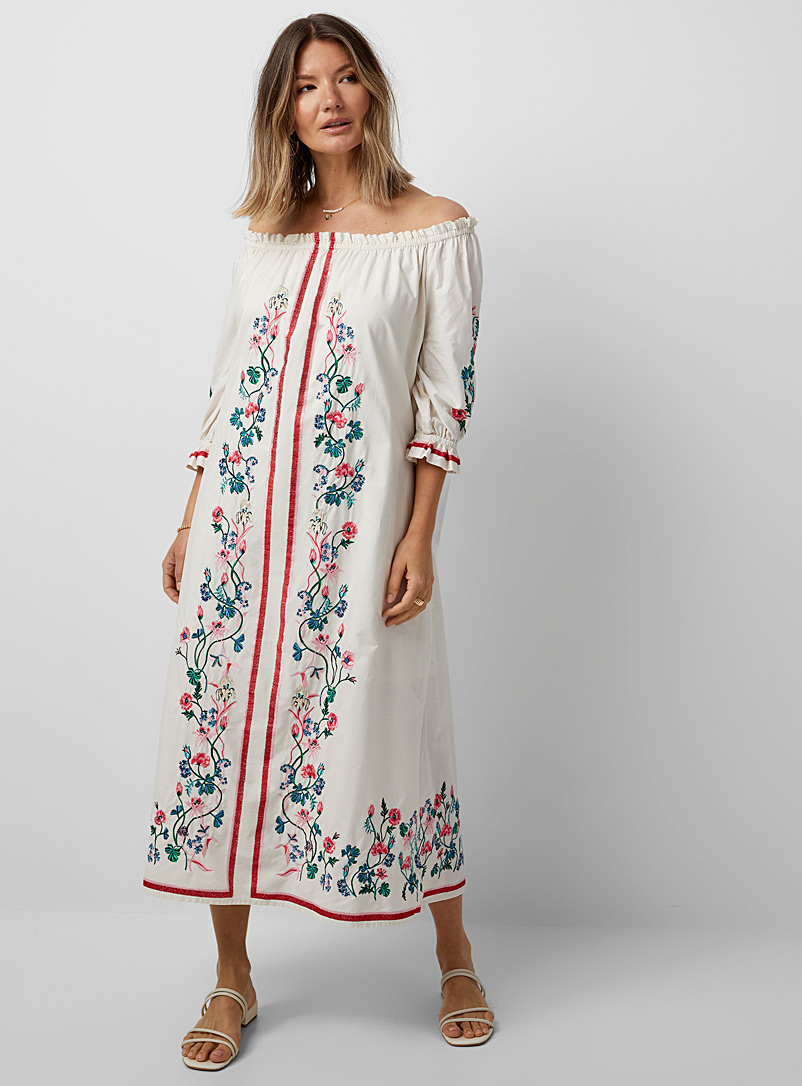 GANT: La robe manches bouffantes broderies florales Blanc à motifs pour femme