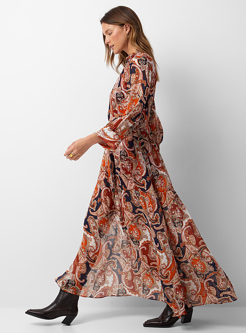 GANT: La robe maxi chiffon paisley ceinturée Orange à motifs pour femme