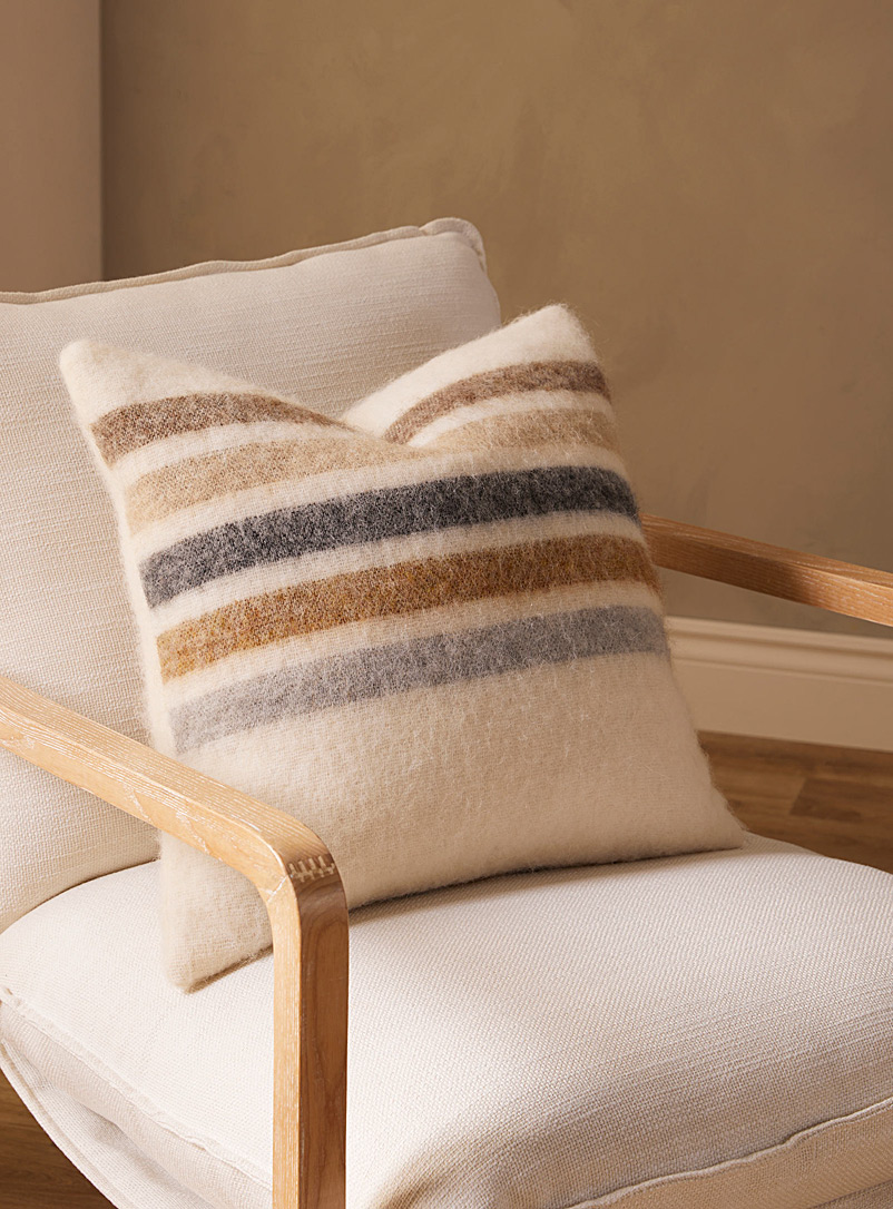 Simons Maison Ivory White Coffee stripes wool blend cushion 50 x 50 cm