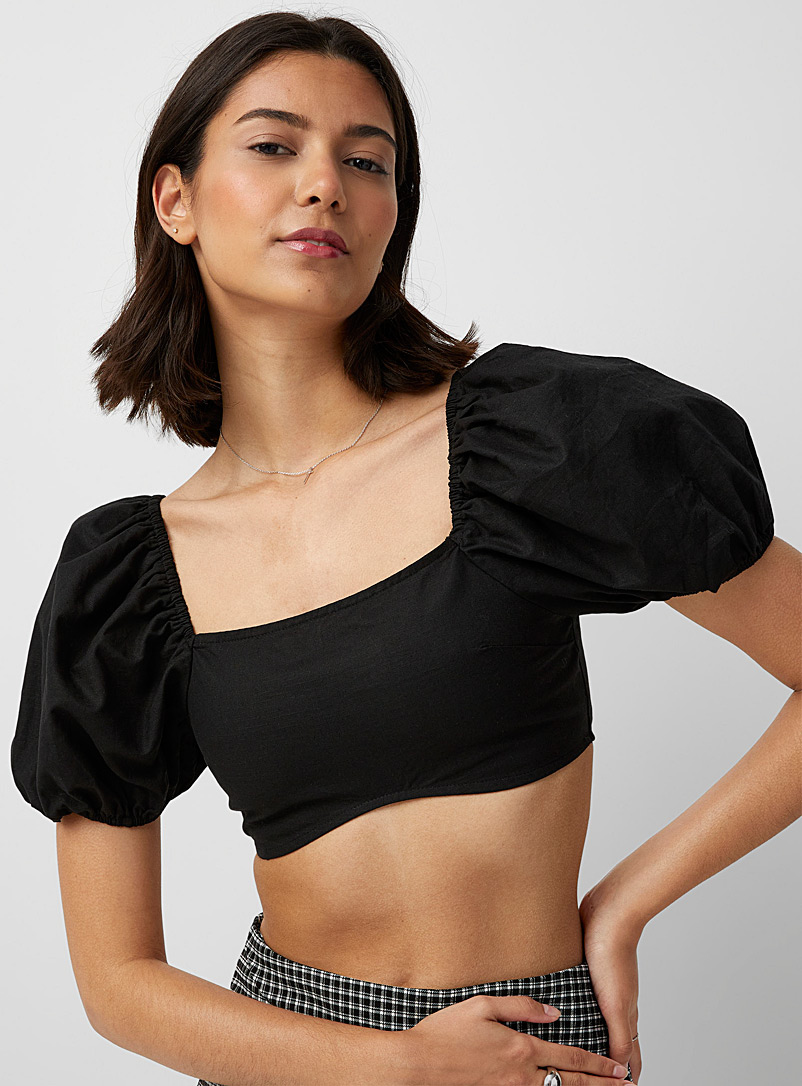 Twik Black Puff-sleeve ultra-cropped blouse for women