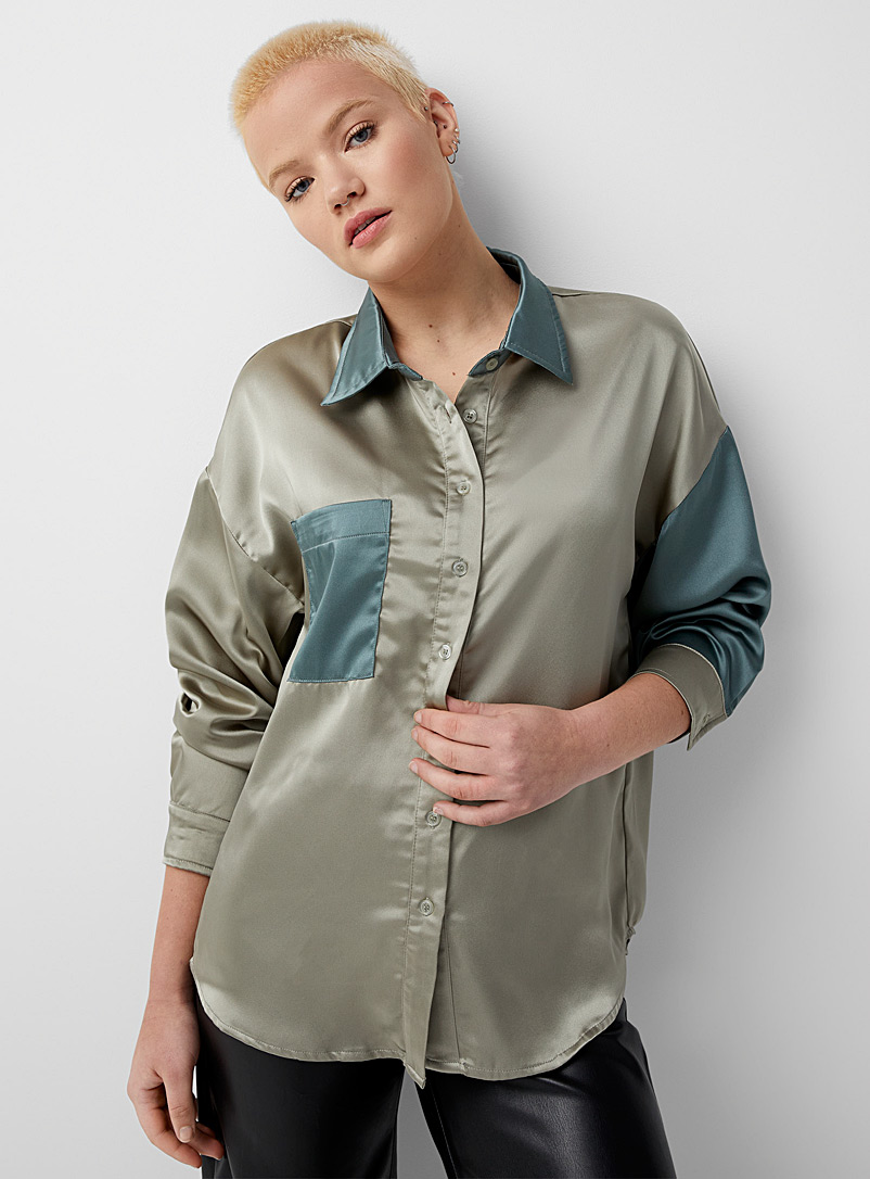 Twik Patterned Green Loose satin pocket shirt for women