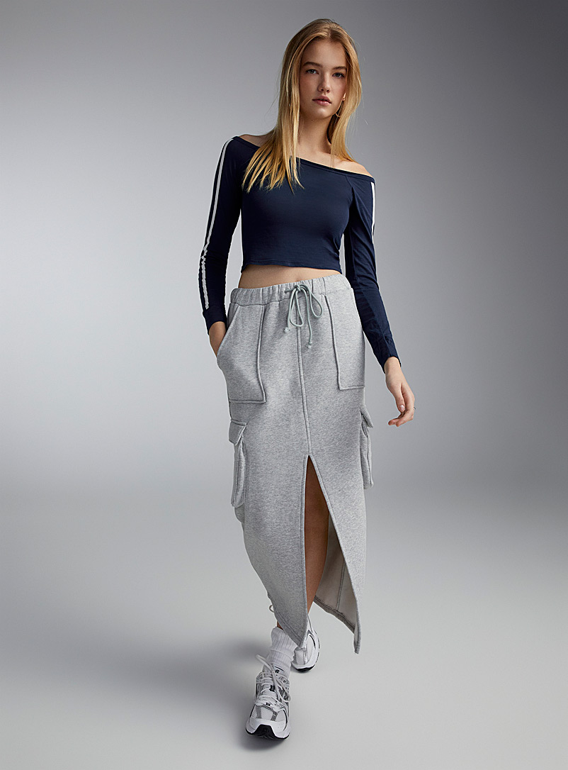 Twik Grey Centre slit fleece cargo skirt for women