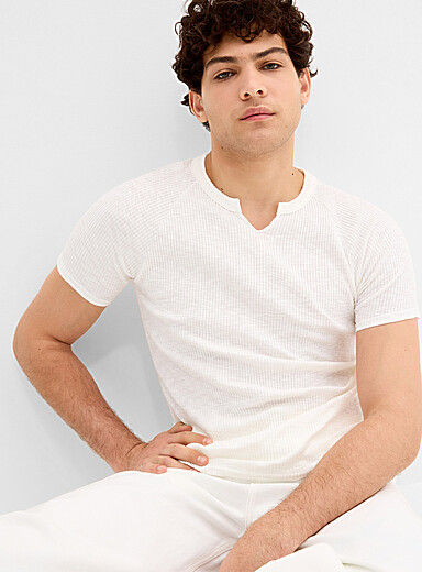 Ribbed jersey slit-neck T-shirt <b>Imported from Seoul</b>