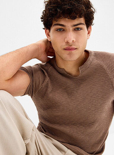 Ribbed jersey slit-neck T-shirt <b>Imported from Seoul</b>