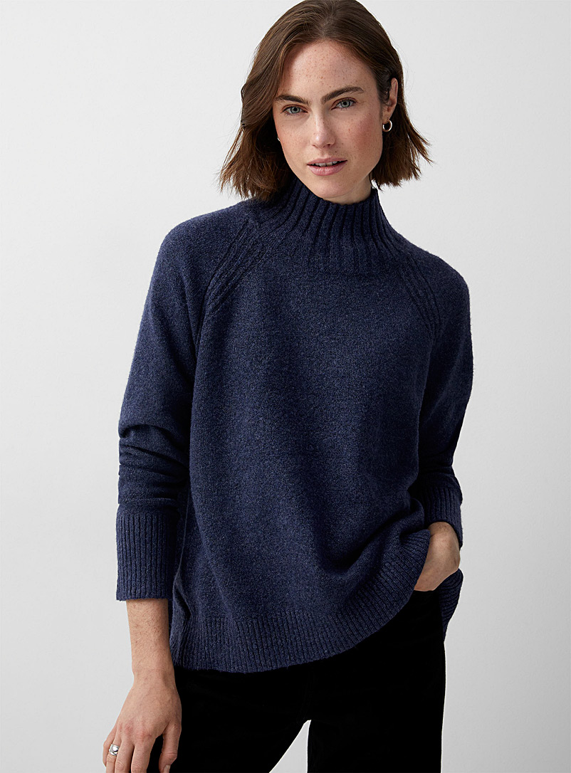 Contemporaine Dark Blue Ribbed mock-neck raglan sweater for women