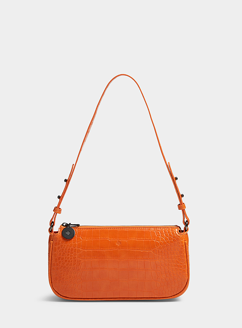 Ela Orange Croc rectangular baguette bag for women