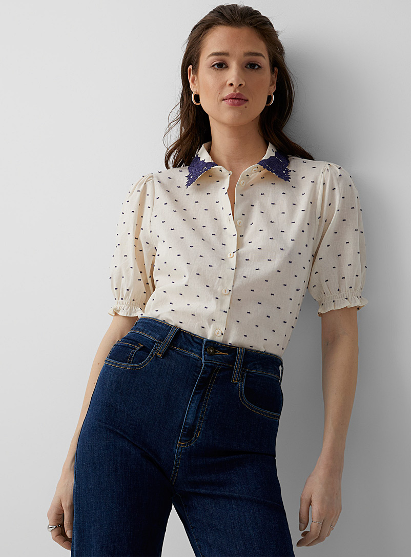 ATELIER RÊVE Patterned White Swiss dot boxy blouse for women