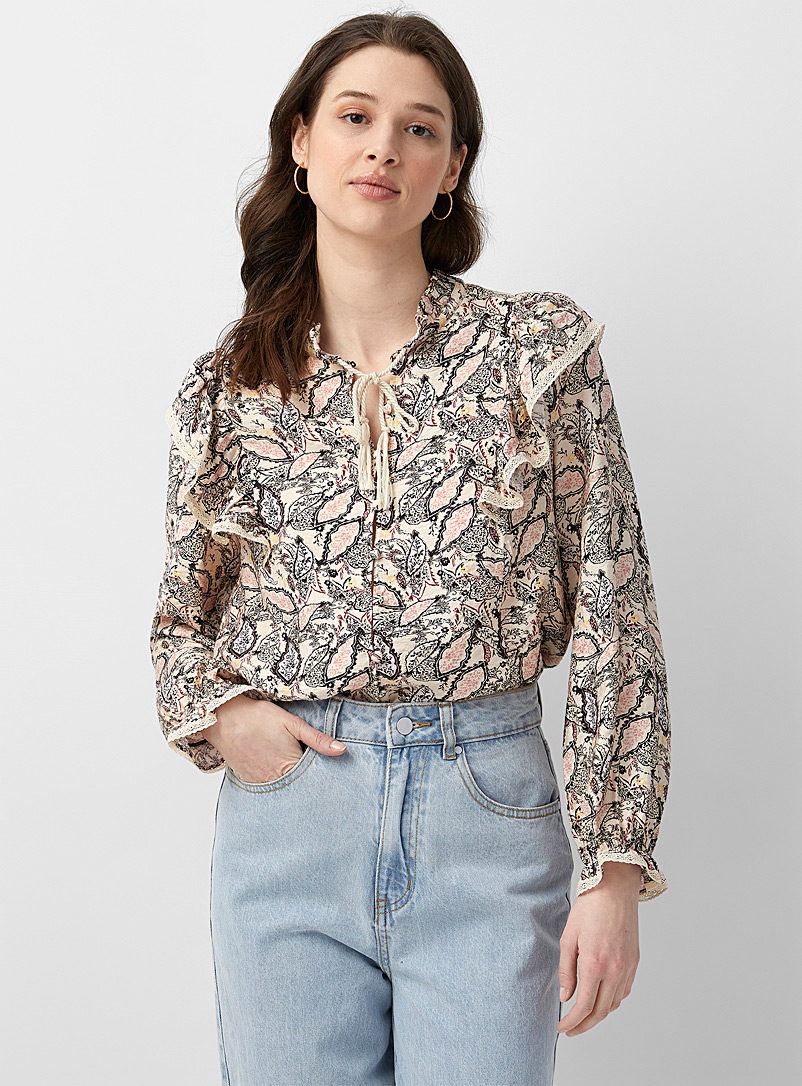 ATELIER RÊVE Black and White Ruffled botanical blouse for women
