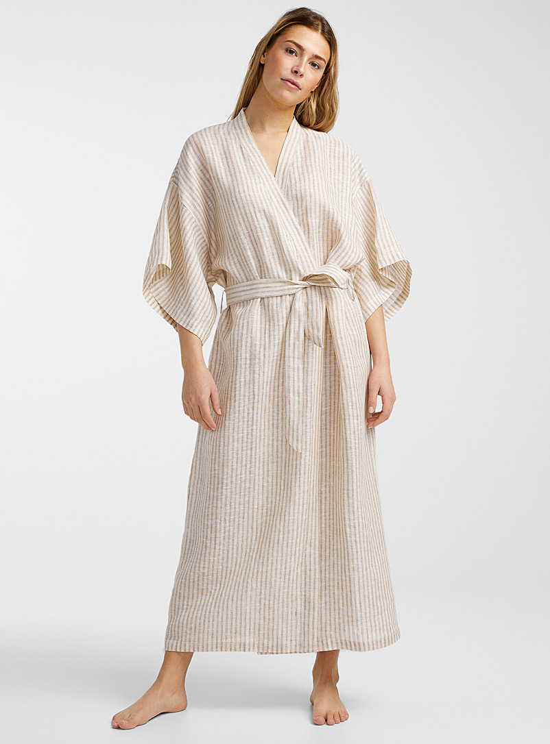 Maison Essentiele Patterned Ecru Pure linen striped robe for women