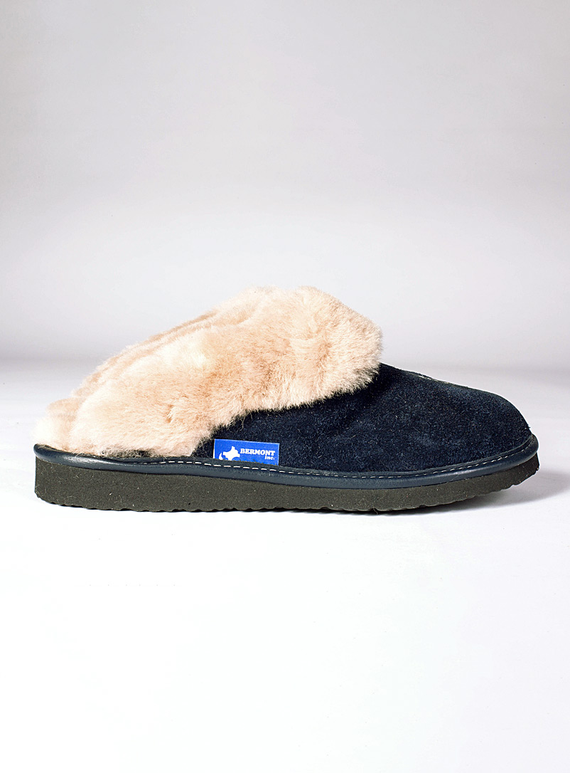 Les cuirs Bermont Inc. Marine Blue Collared sheepskin mule slippers with sole Women