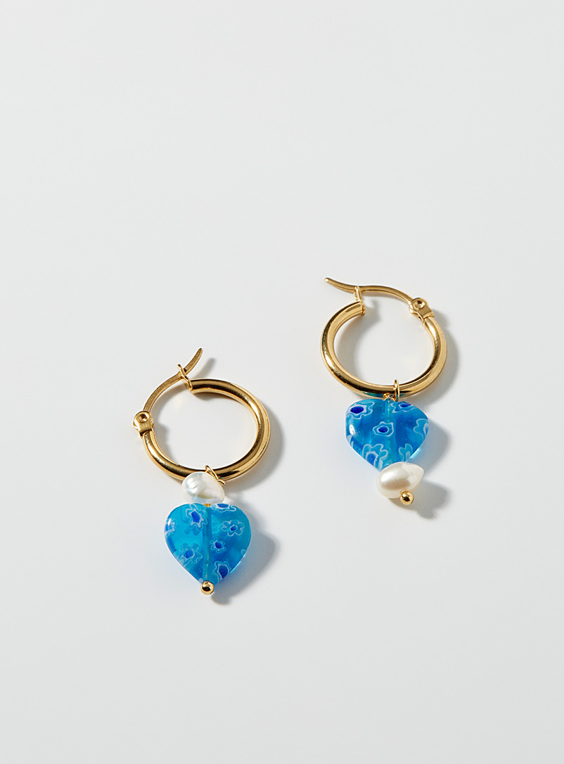 Simons Patterned Blue Floral heart earrings for women