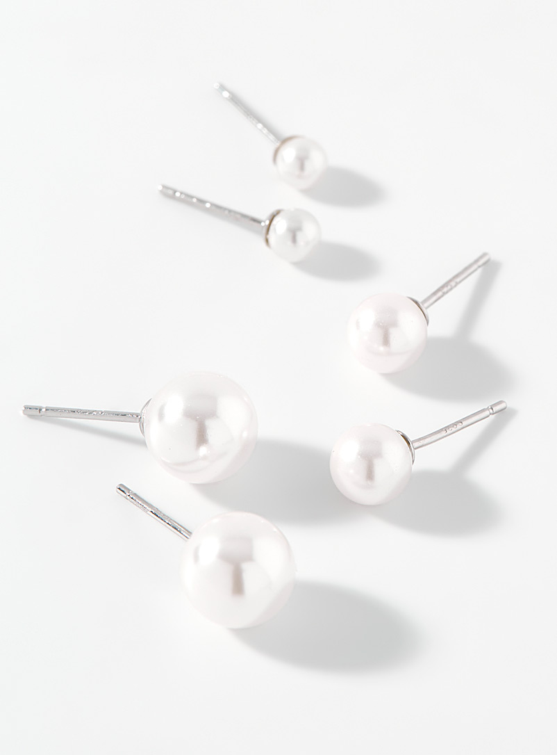 Simons White Delicate pearl earrings Set of 3 for women