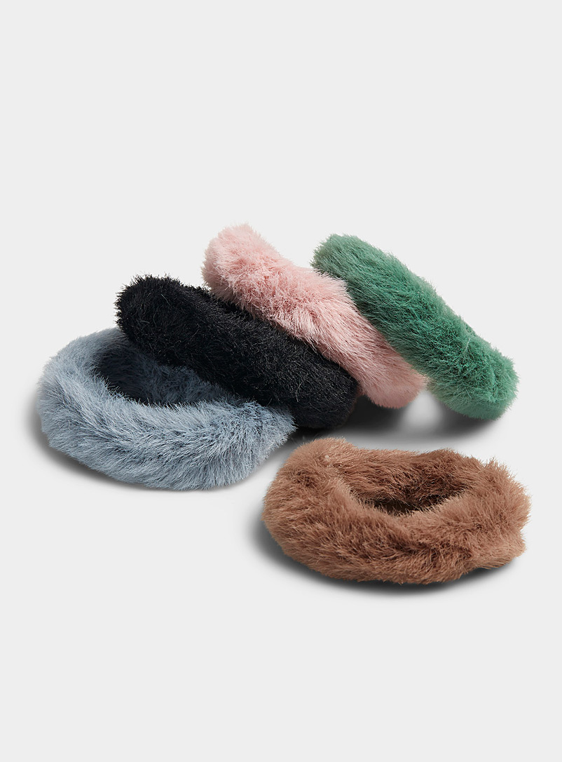 Simons Assorted Colourful faux-fur hair ties Set of 5 for women