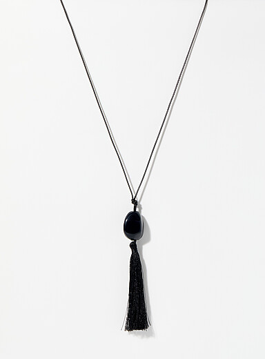 Black stone and tassel cord necklace