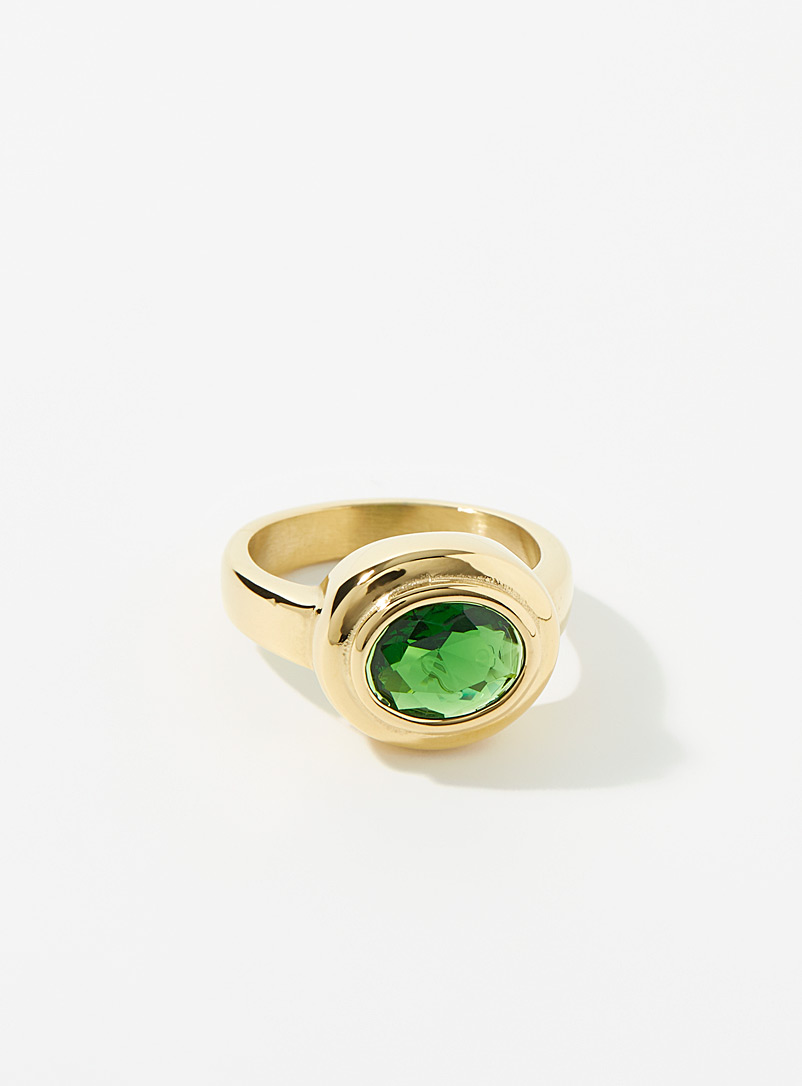 Simons Patterned Green Shimmery jewel golden ring for women
