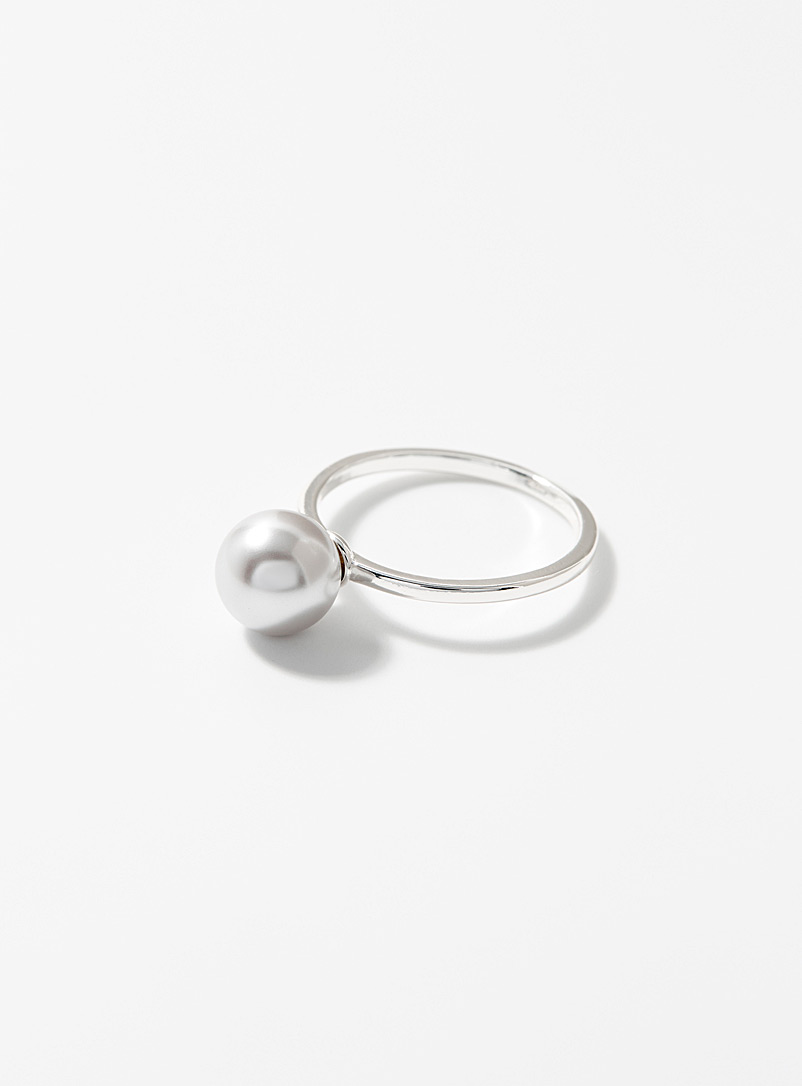 Simons Light Grey Single pearl silver ring for women