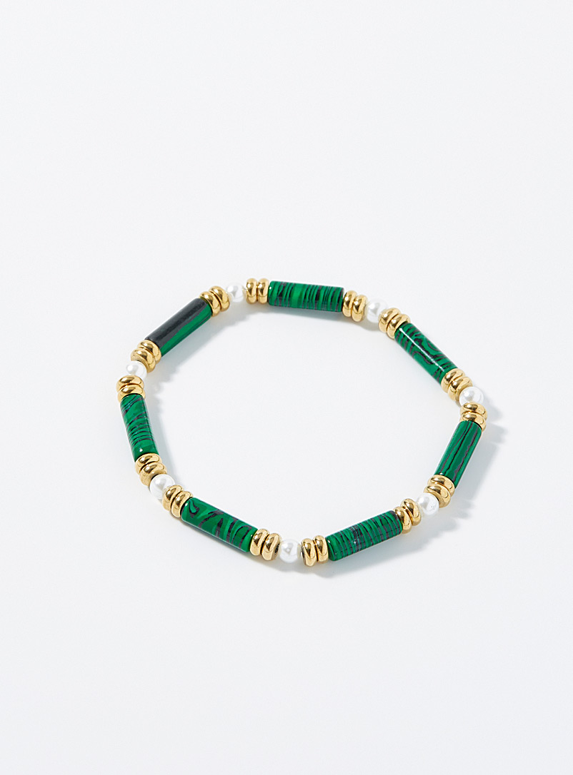 Simons Patterned Green Multicolour tube and pearly bead bracelet for women
