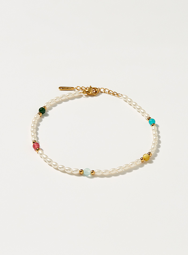 Simons White Pearly bead and natural stone anklet for women