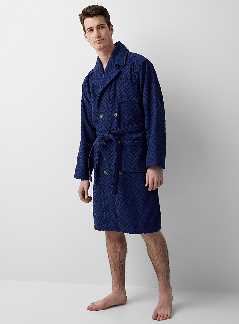 OAS Marine Blue Textured pattern terry robe for men