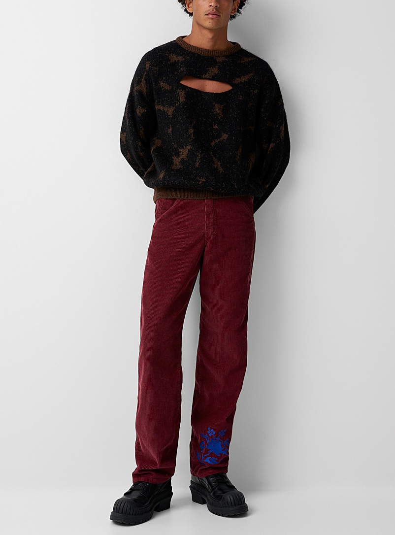 Carne Bollente Ruby Red Embroidered flowers corduroy pant for men