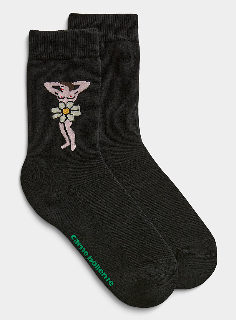 Carne Bollente Black Embroidered flower socks for men
