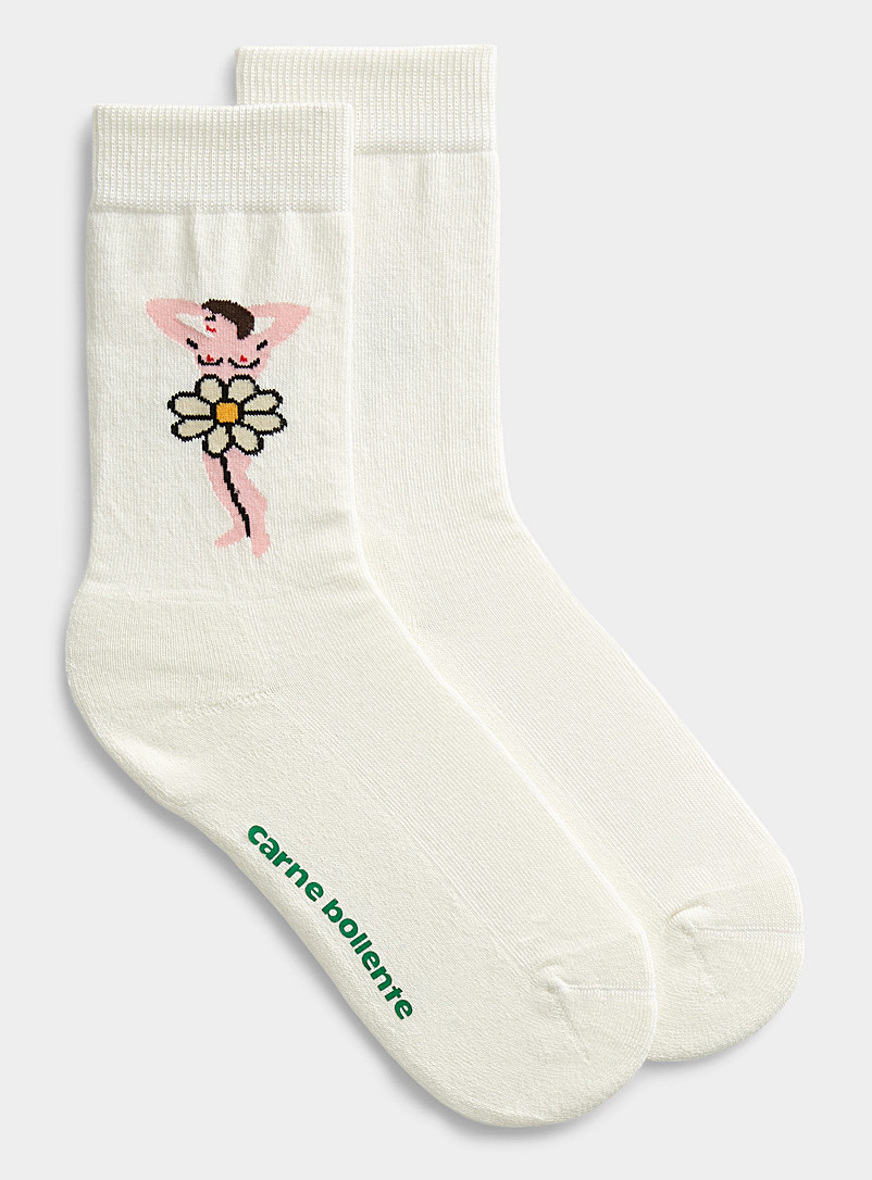 Carne Bollente White Embroidered flower socks for men