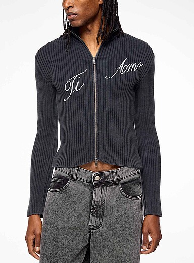 Carne Bollente Charcoal Tell Me Ti Amo ribbed zip-up sweater for men