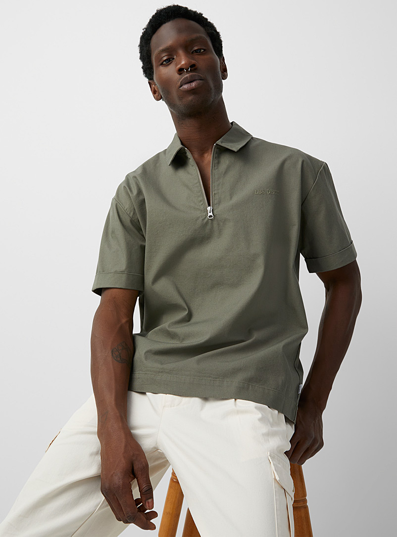 Les Deux: La chemise Jeffrey col polo sur zip Vert foncé-mousse-olive pour homme