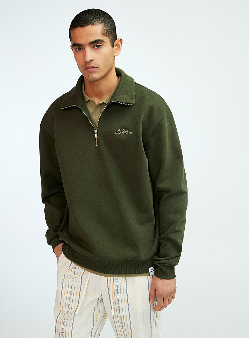 Les Deux Green Cursive signature zip-neck sweatshirt for men