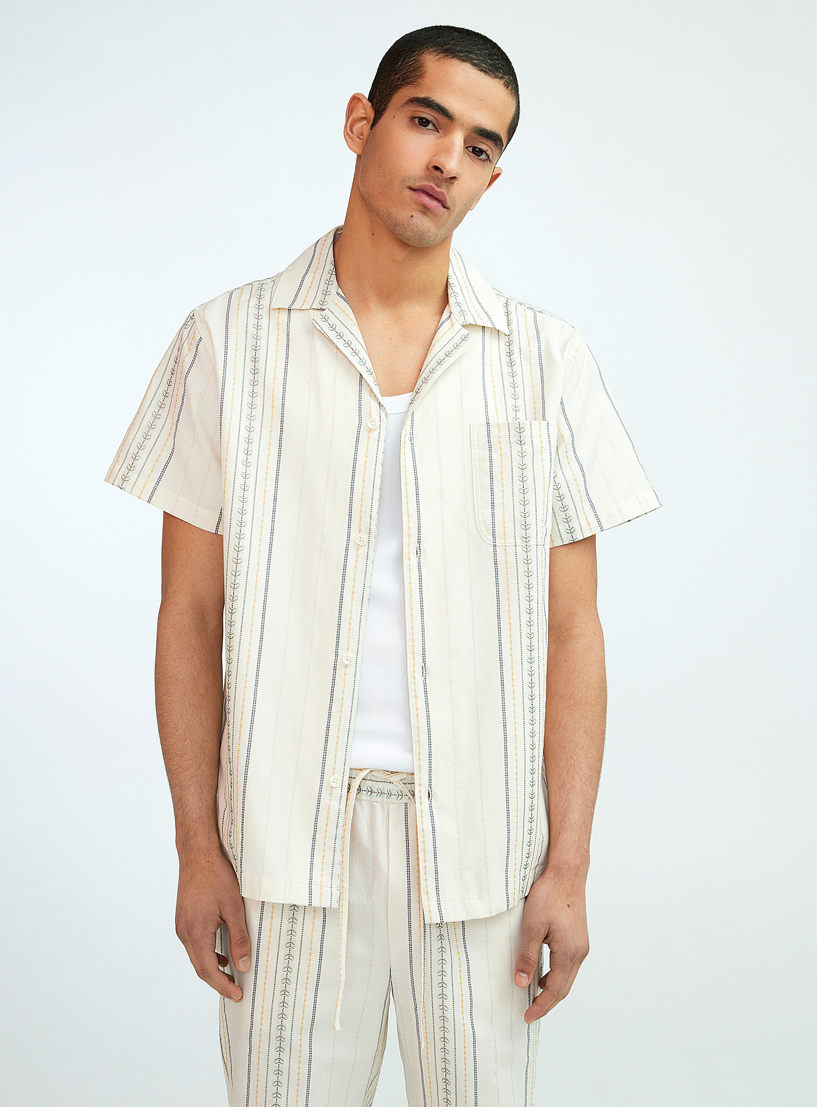 Les Deux Leo Embroidered-stripe Camp Shirt In Off White