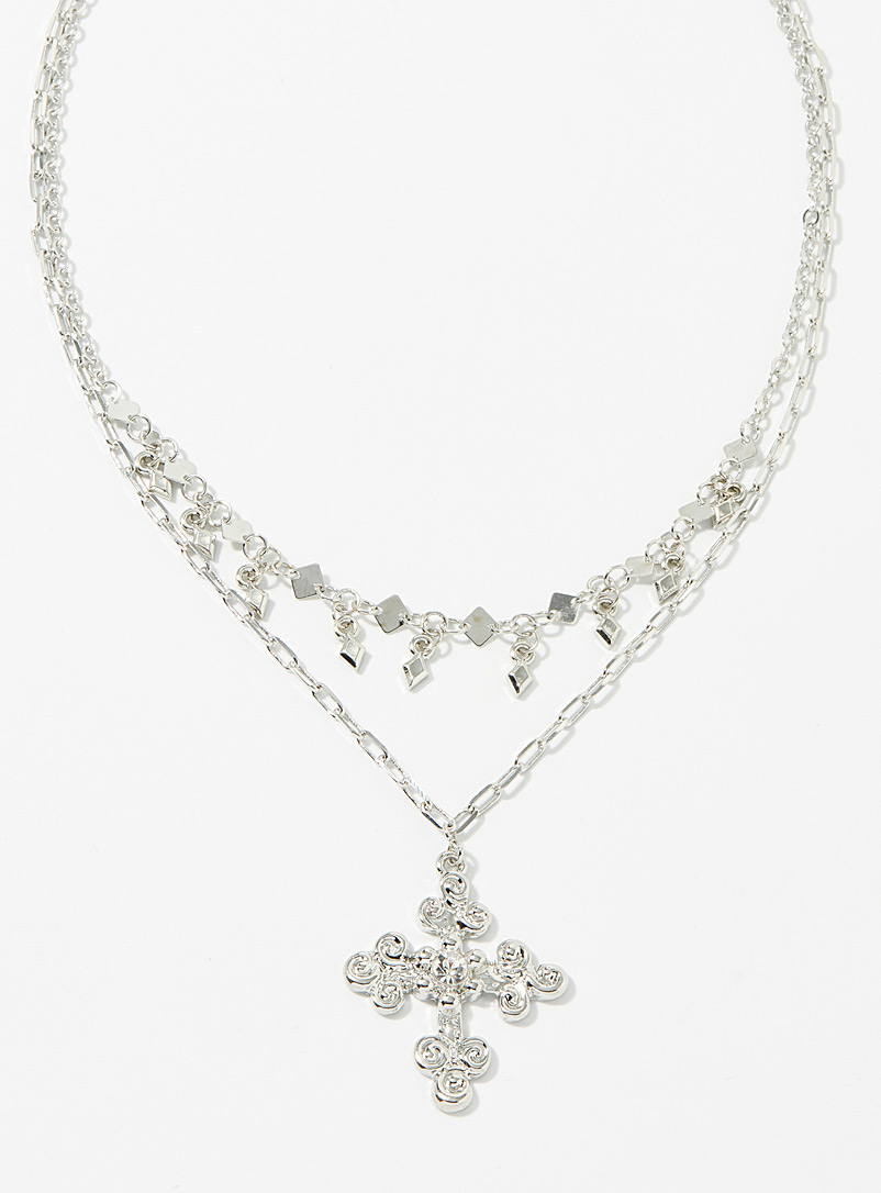 Petit moments. Silver Oversized cross double-row necklace for women