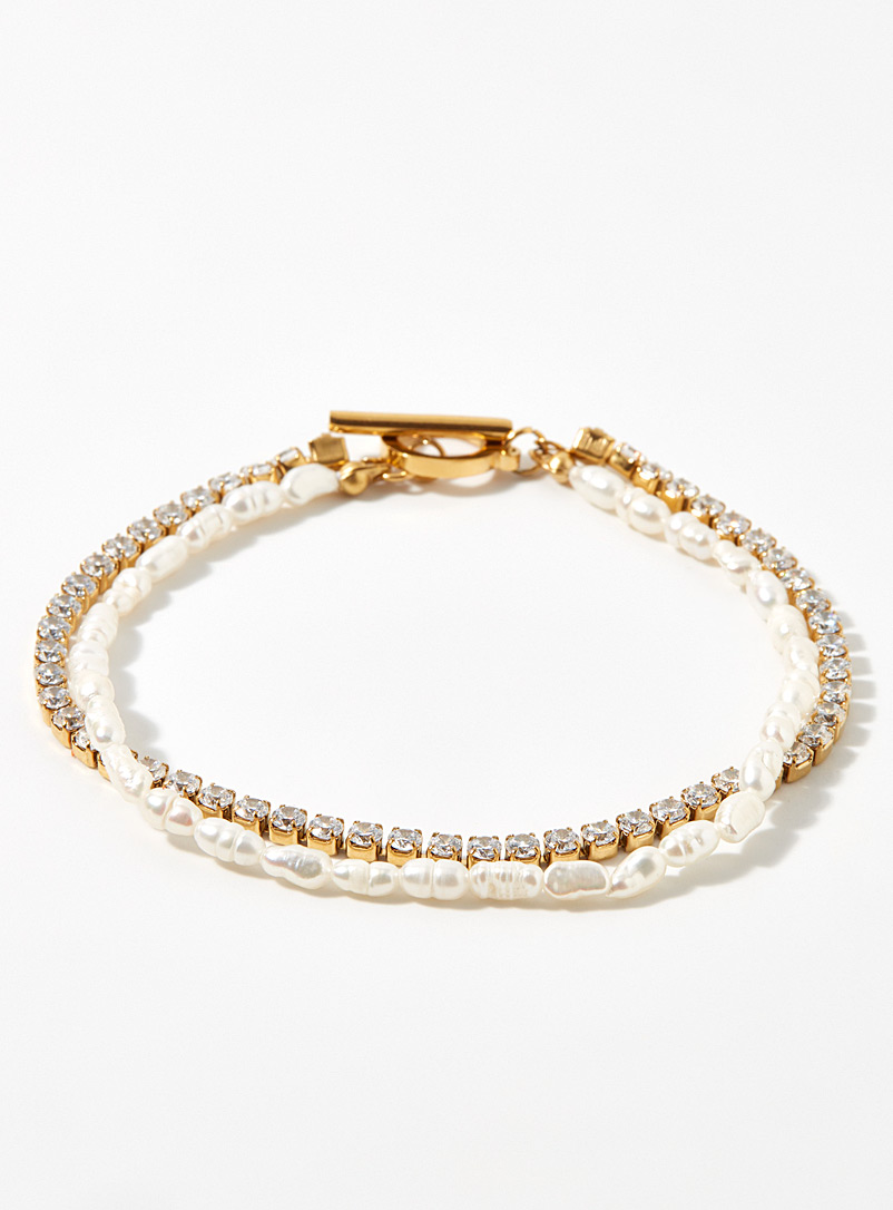 Petit moments. Patterned Yellow Pearl and zirconia double bracelet for women