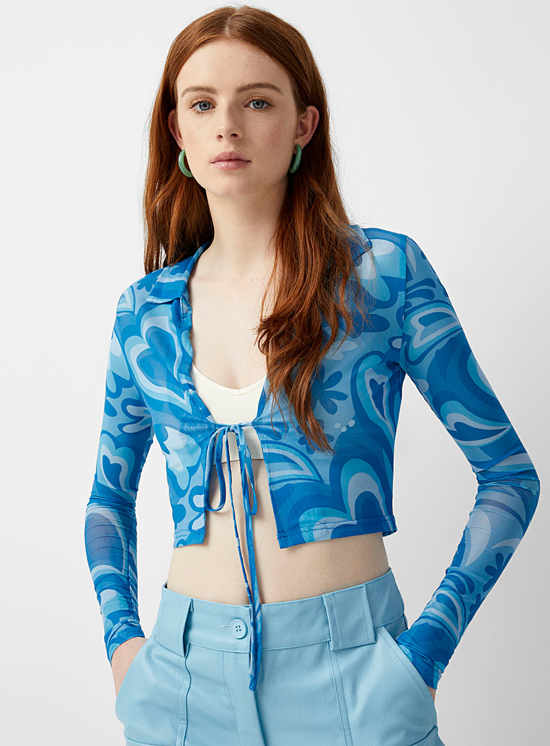 Twik Patterned Blue Retro blue print mesh cardigan for women