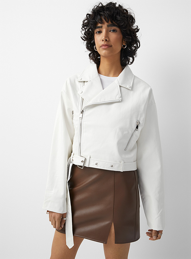 Twik Ivory White White faux-leather biker jacket for women