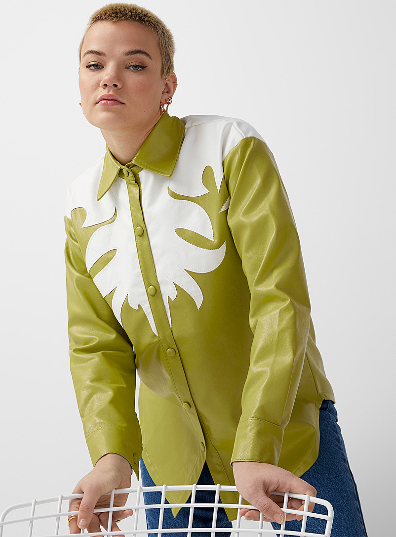 Twik Lime Green Western appliqué faux-leather shirt for women