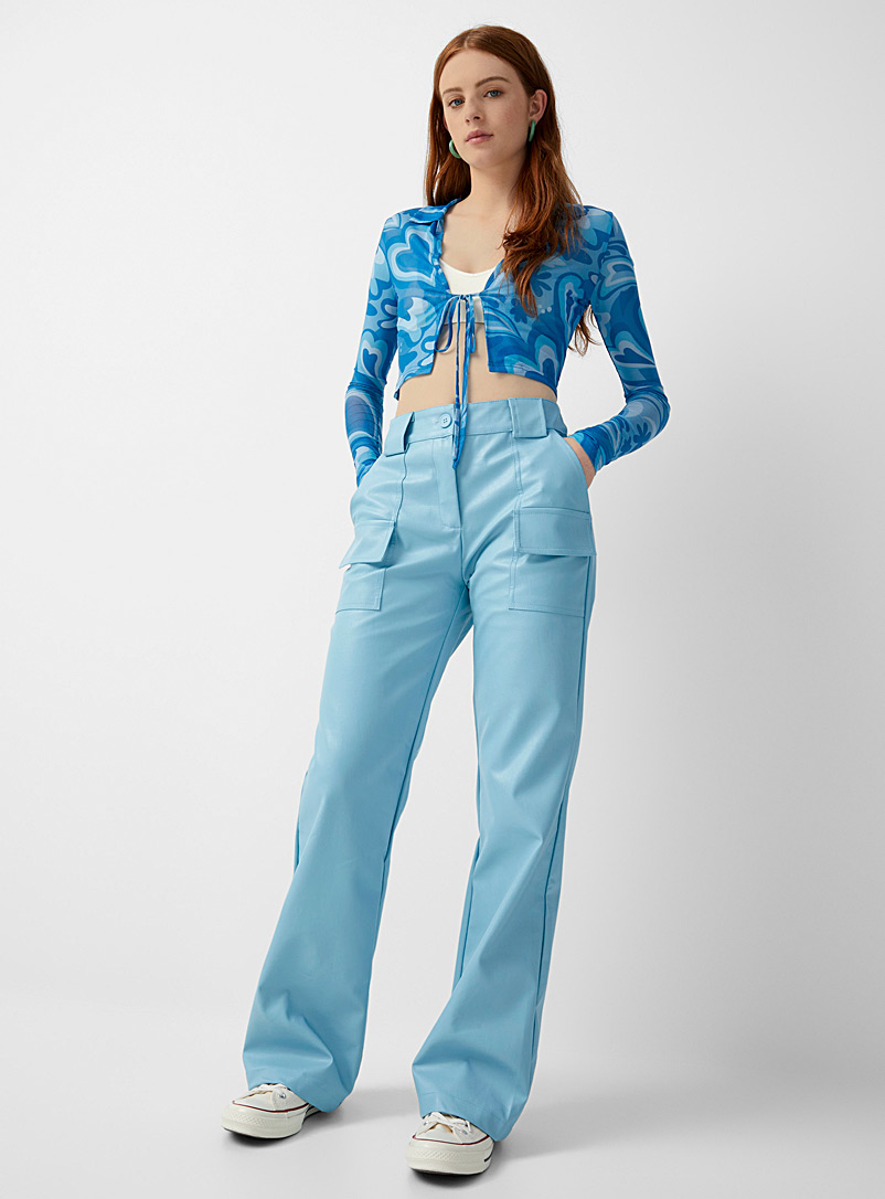 Twik Baby Blue Pastel blue faux-leather cargo pant for women