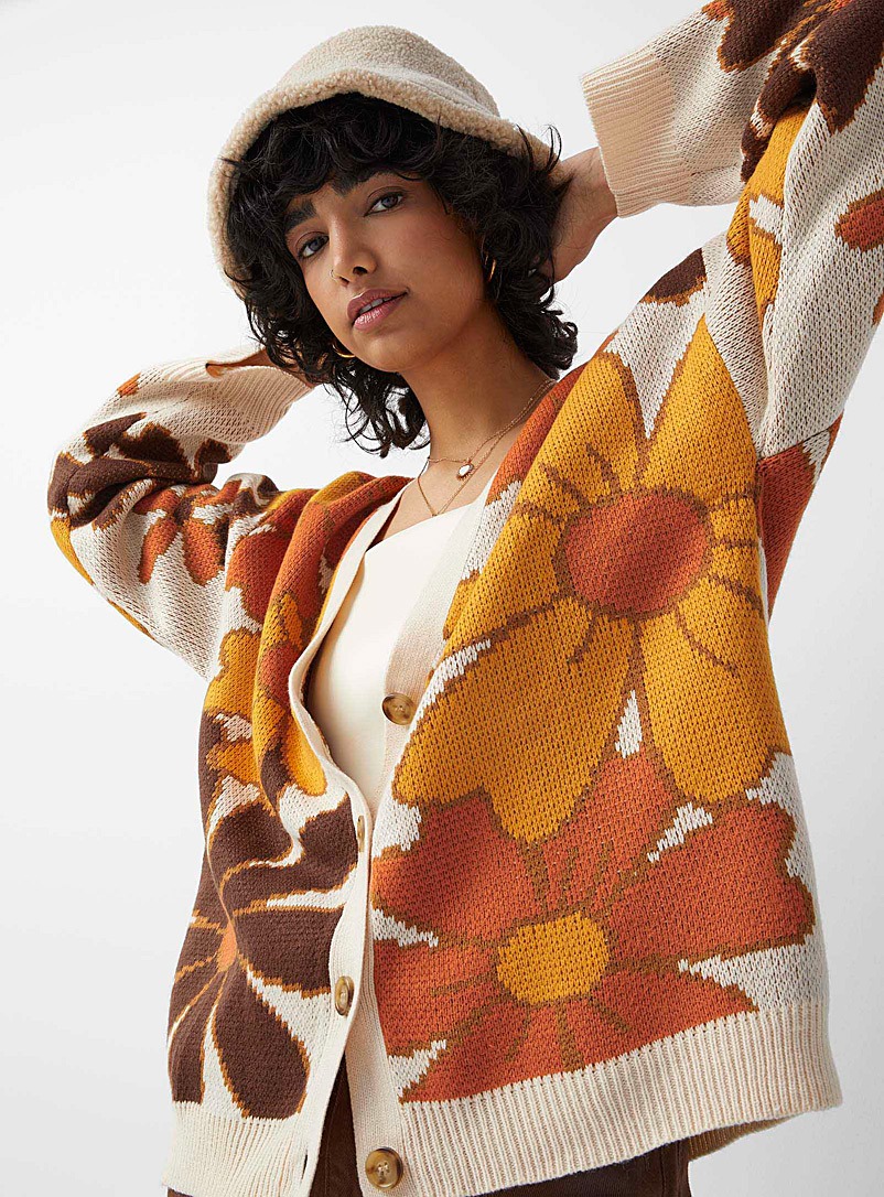 Twik Patterned Brown Retro mega-flowers cardigan for women