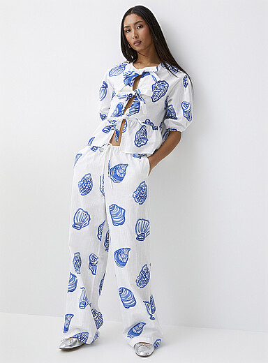 TAMSIN Wide Leg Pants - Chocolate/Blue Polka