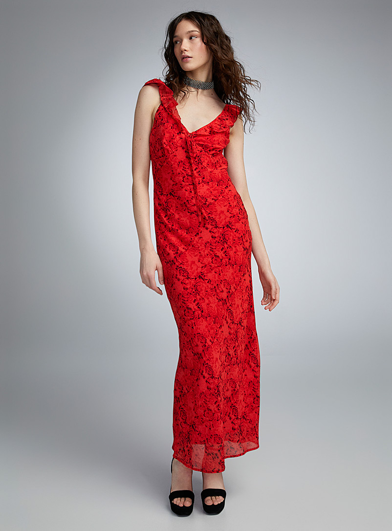 Twik Patterned Red Red roses and ruffles dress for women