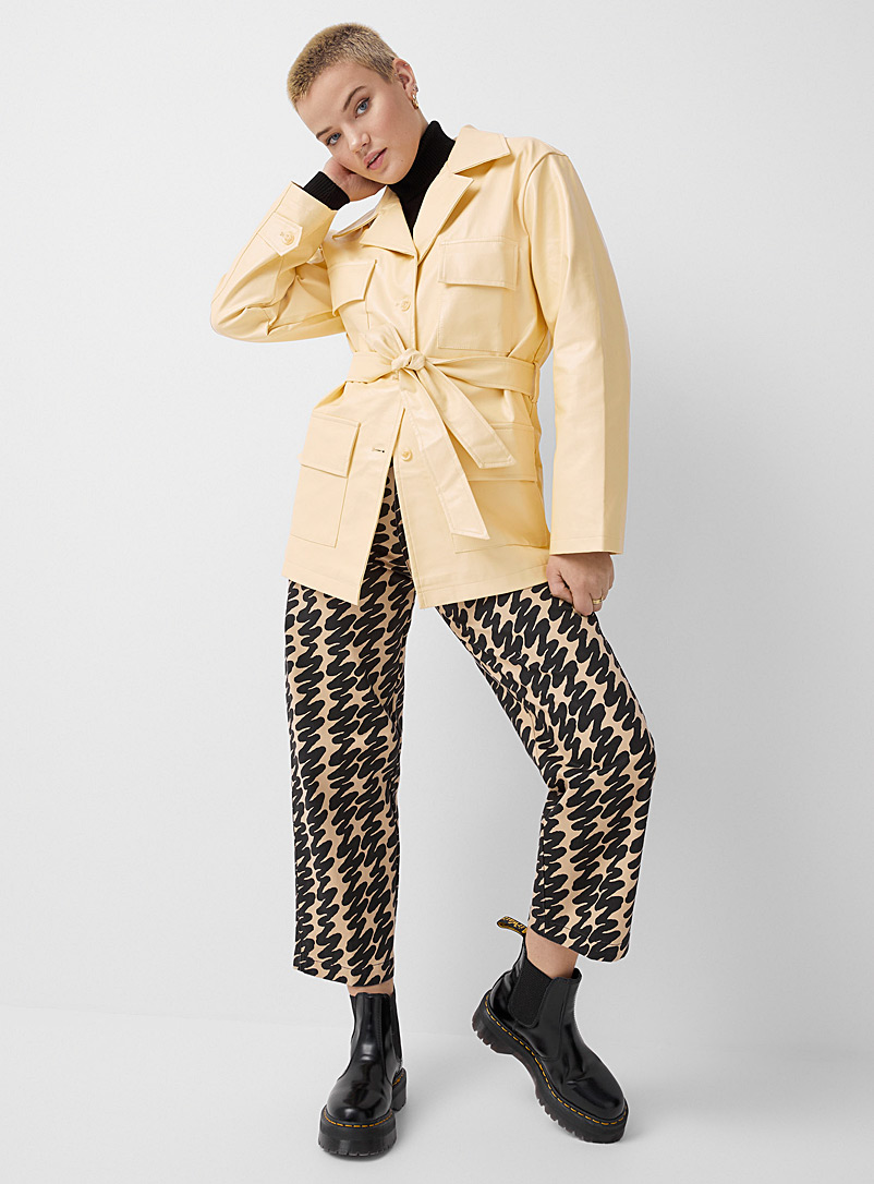 Twik Light Yellow Flap pockets faux-leather trench coat for women
