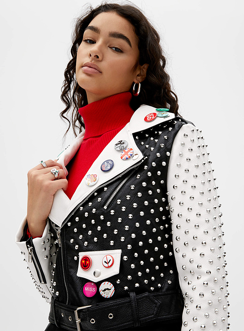 Twik Black and White Nails and pins faux-leather jacket for women