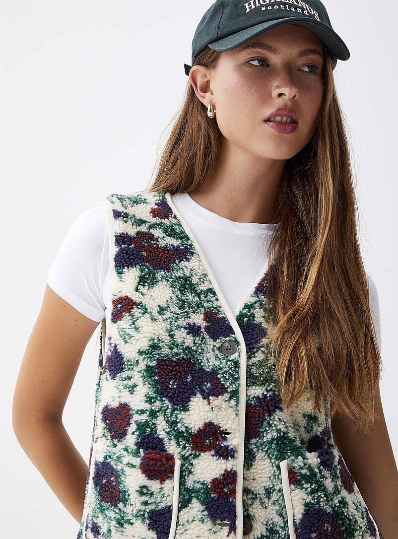 Gilet Matelassé Femme à Motif Floral - Doublure Polaire Chaude - Sans Manches - Col Montant & Poches