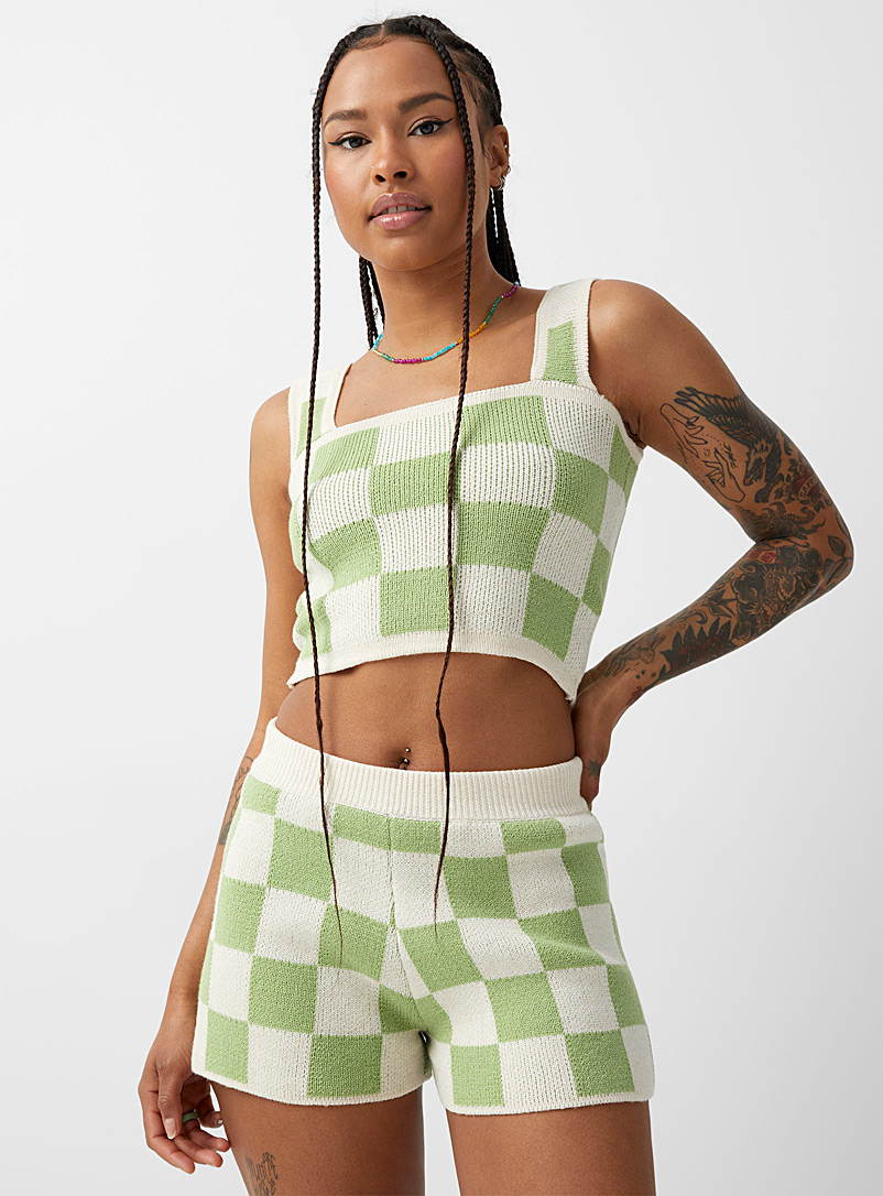 Twik Lime Green Green checkers knit short for women
