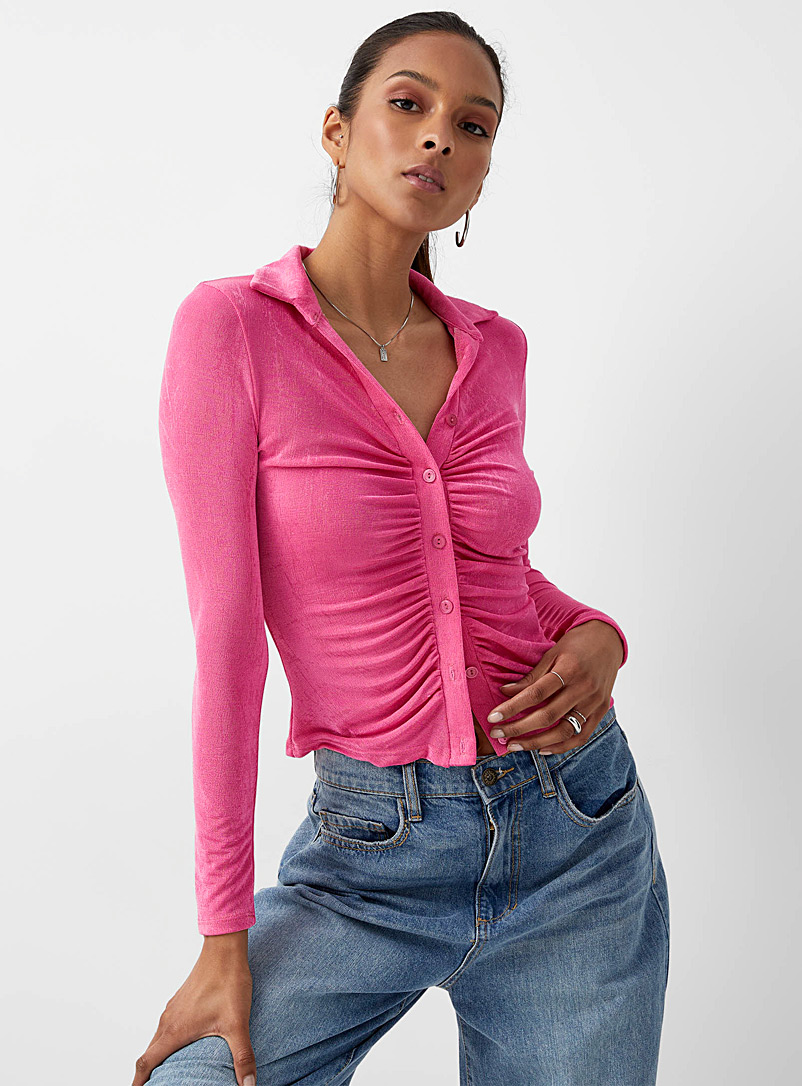 Icône Pink Satiny jersey ruffled blouse for women