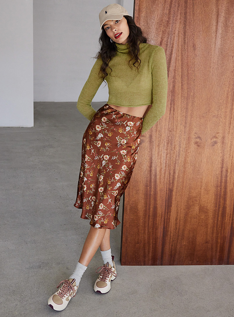 Icône Patterned Brown Fall Garden satiny skirt for women