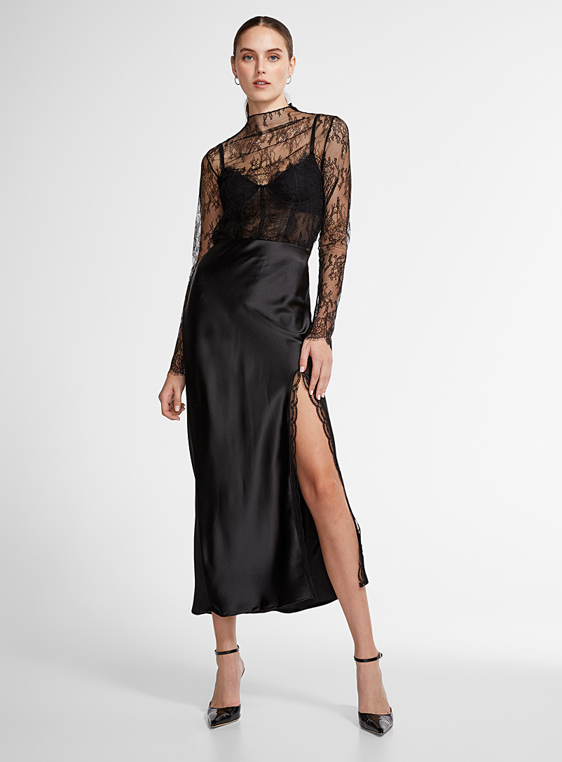 Icône Black Lace slit satiny maxi skirt for women