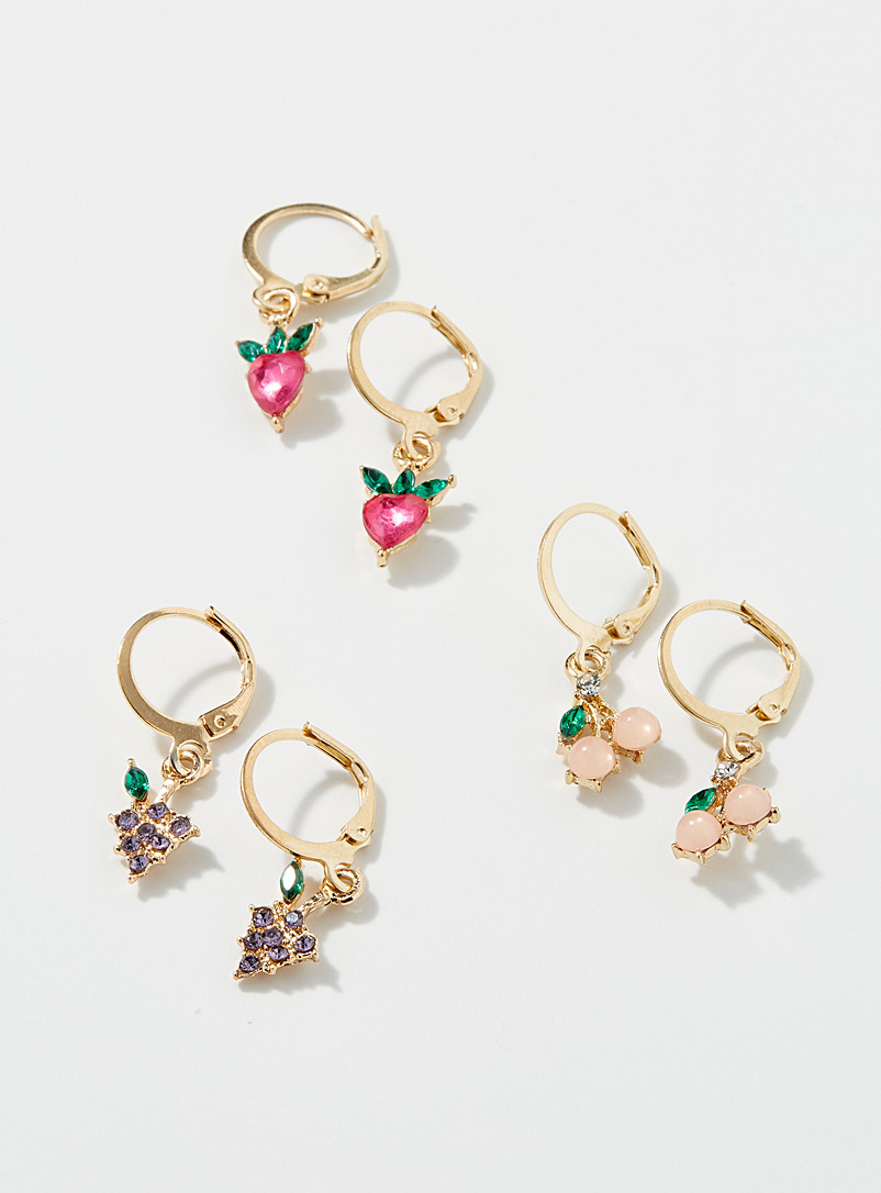 Simons Patterned Yellow Crystal fruit earrings Set of 3 for women