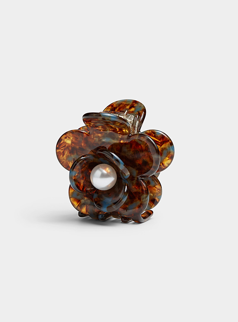 Simons Dark Brown Pearly bead 3D flower clip for women