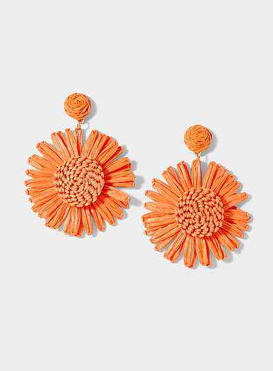 Simons Orange Large raffia flower earrings for women